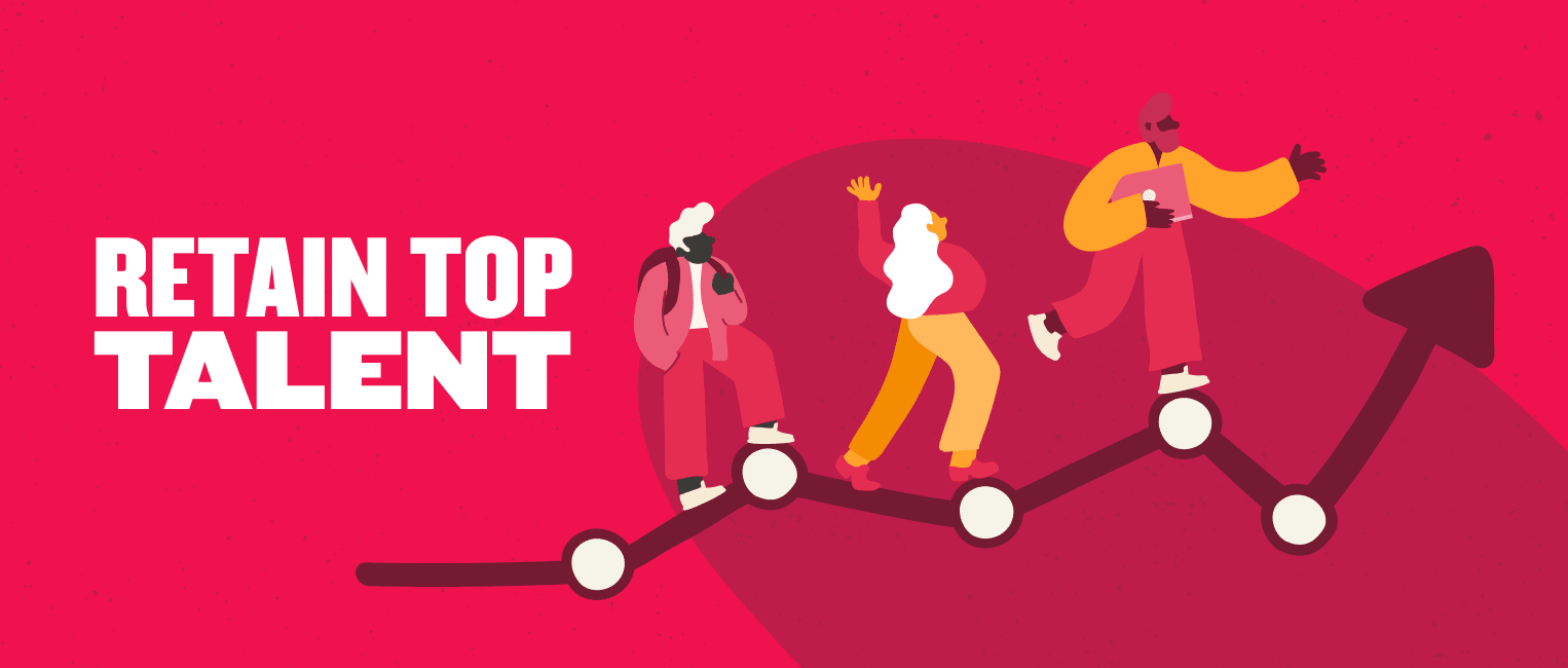 retain top talent, colorful graphic of diverse characters on an upward curve representing growth and success in talent retention